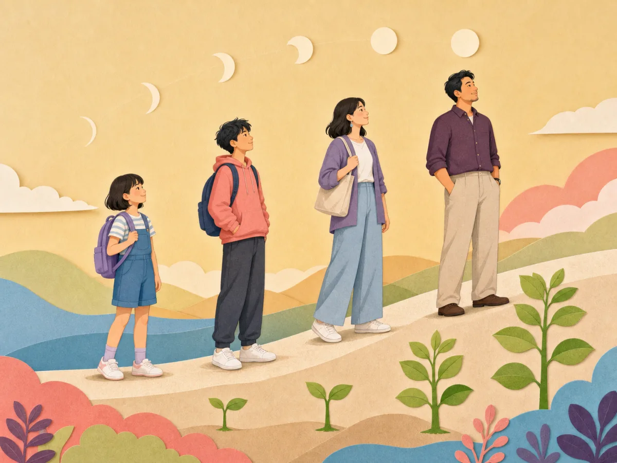 不同成長階段與多元體型的人沿著成長路徑前進